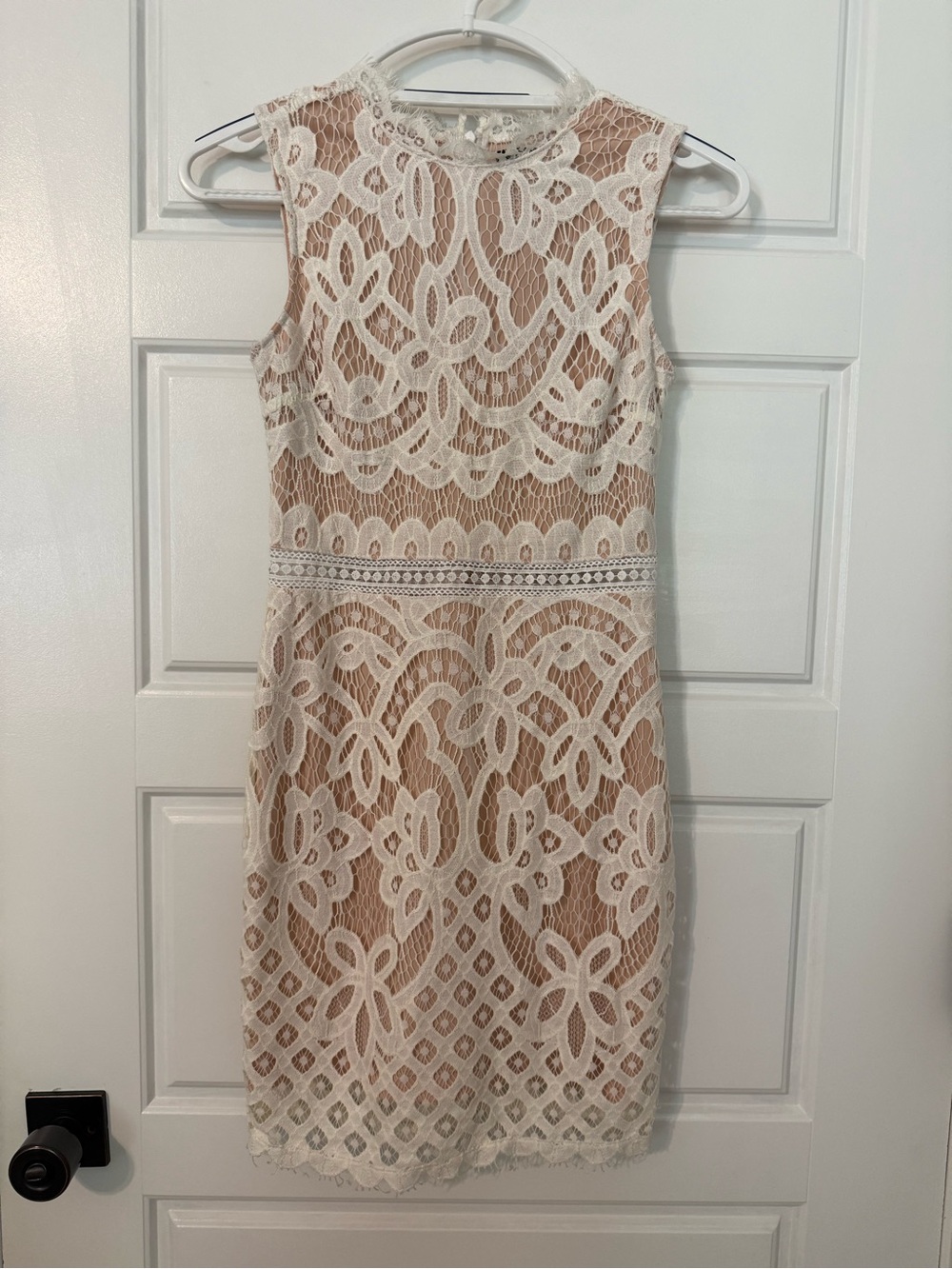 Lulu's White Lace Overlay Dress with Nude Underlay